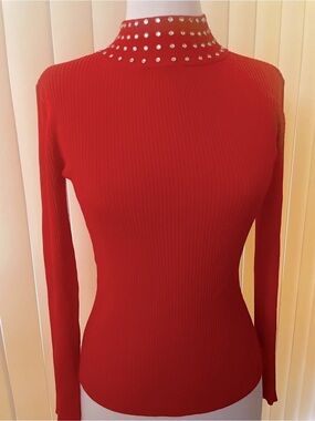 Women’s NWOT INC International Concepts Red Ribbed Top Dress Studded Neck Sz S